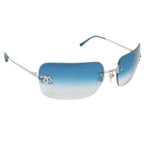 RARE Chanel Vintage Sunglasses Rhinestone Crystal CC Logo Rimless Gradient Blue - Picture 2 of 14